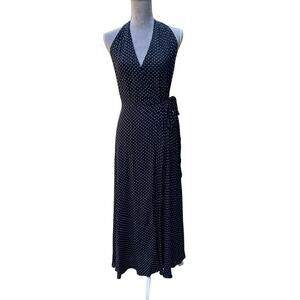 LAUNDRY by SHELLI SEGAL Navy Polka Dot Halter Wrap Maxi Dress Sz 6